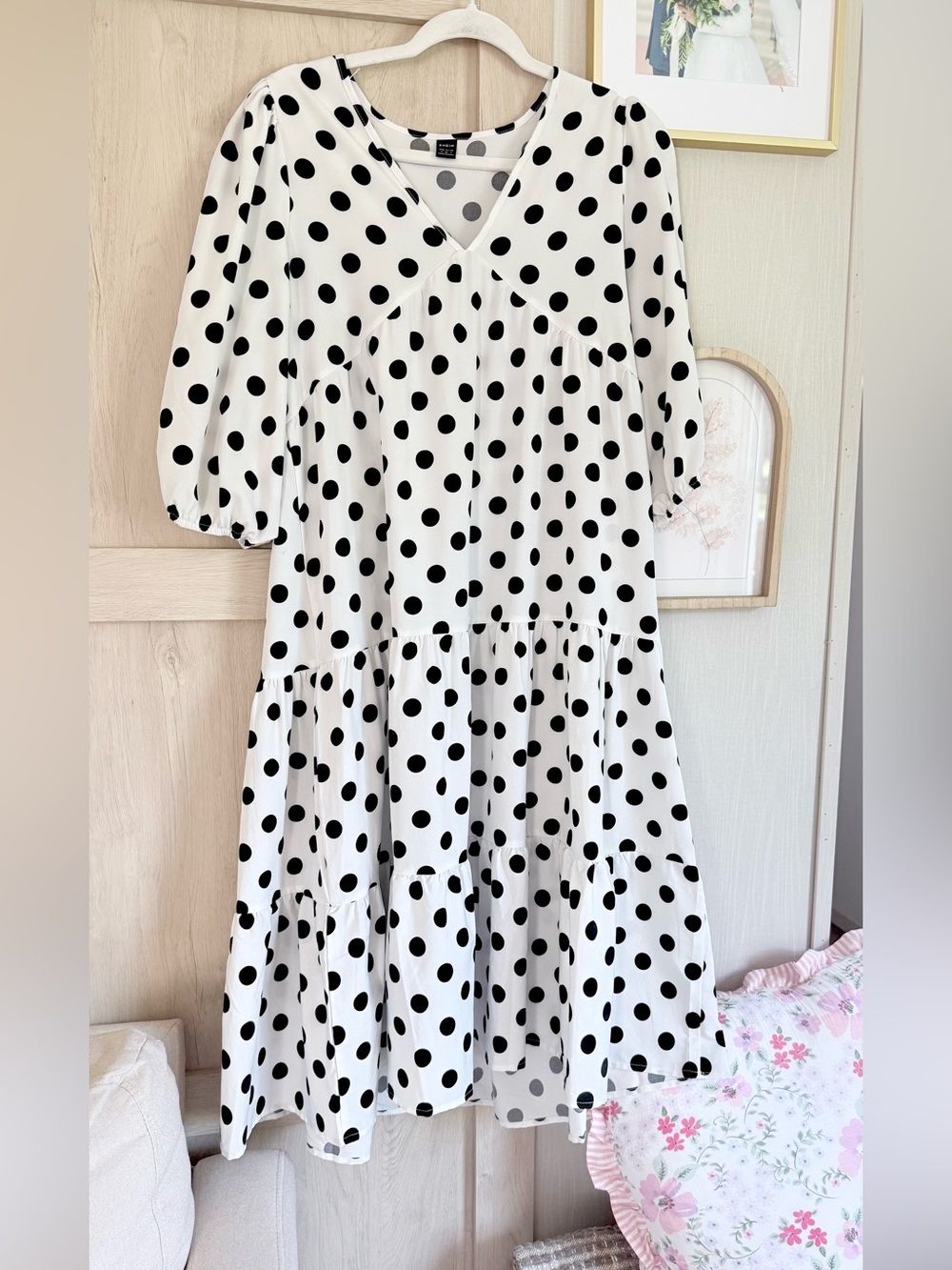 SHEIN White & Black Polka Dot Tiered Midi Dress
